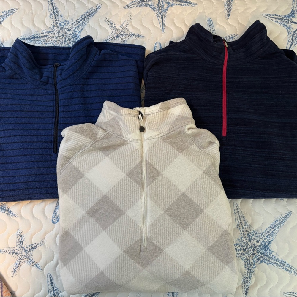 Set of Three Eddie Bauer Quarter-Zip Fleece Pullovers - Blue, Navy, and Cream